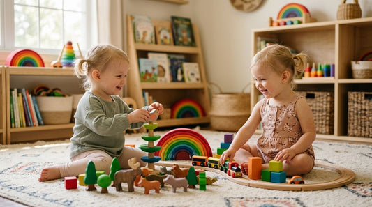 Wooden toys for twins sharing playtime