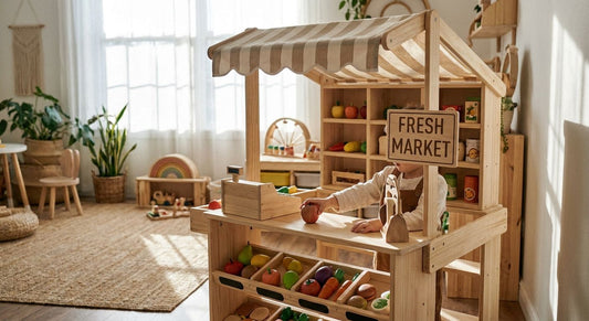 Wooden shop and market playsets for kids