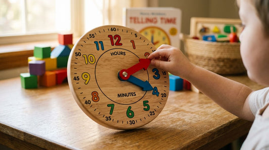 Wooden learning clocks for telling the time