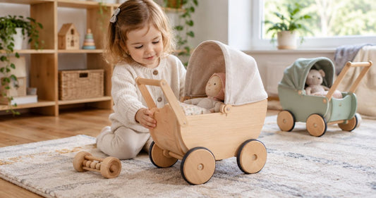 Wooden pram and travel system toys for babies
