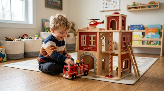 Wooden fire station playsets for toddlers