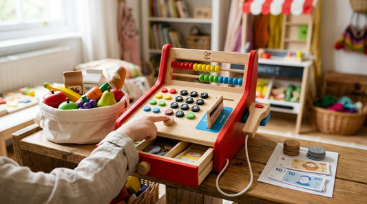 Wooden till and cash register toys for pretend shopping